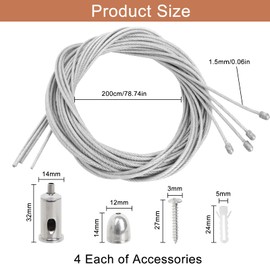 CTYUEYUN Set of 4 rope suspension installation set, 1.5 mm x 2 m, adjustable lamp suspension, wire rope holder, metal, stainless steel wire rope tensioner for LED panel, ceiling, photos mounting