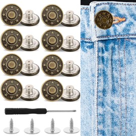 17 Pieces Buttons for Jeans Adjustable Reusable Trouser Tightener (8 Pieces Buttons, 8 Thread Rivets and 1 Screwdriver)