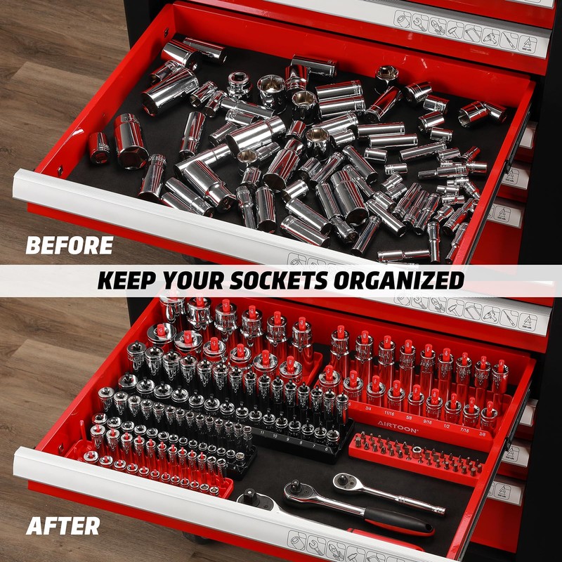 AIRTOON 1/4-Inch Drive Socket Organizer Trays, 2-Piece SAE and Metric
