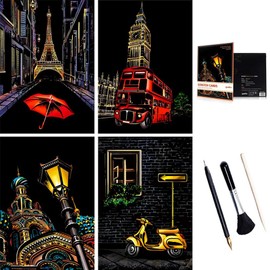 ShipeeKin 4 x Scratch Pictures, 290 x 210 mm, Street Corner of the City Wall Picture, Coated Colourful Scratch Paper with Tool Set (Street Corner)