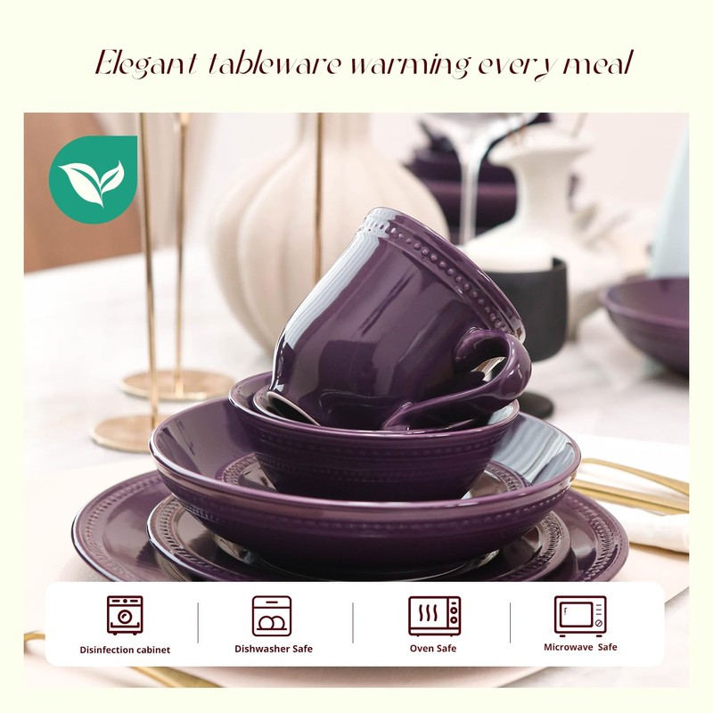 HomeVss, Pearl Dots Stoneware Dinnerware Set (20pc Set, Purple)