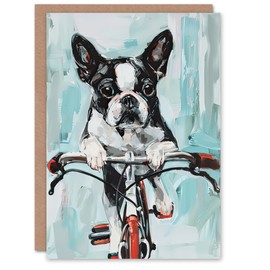 Artery8 Greeting Card Boston Terrier Dog Lover Bicycle Oil Painting Fun Blank For Him Or Her Art Birthday Card