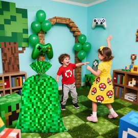 Jumbo Large Plastic Gift Bag Green Pixel Party Favor Bags for Boys 56''x36'' Video Game Kids Birthday Decorations Miner Theme Party Supplies