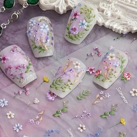 Flower Nail Art Stickers Decals Summer Nail Stickers 1PCS 5D Self-Adhesive Floral Leaf Plant Design Slider Manicure Accessories Easter Nail Art Supplies Decorations Charms