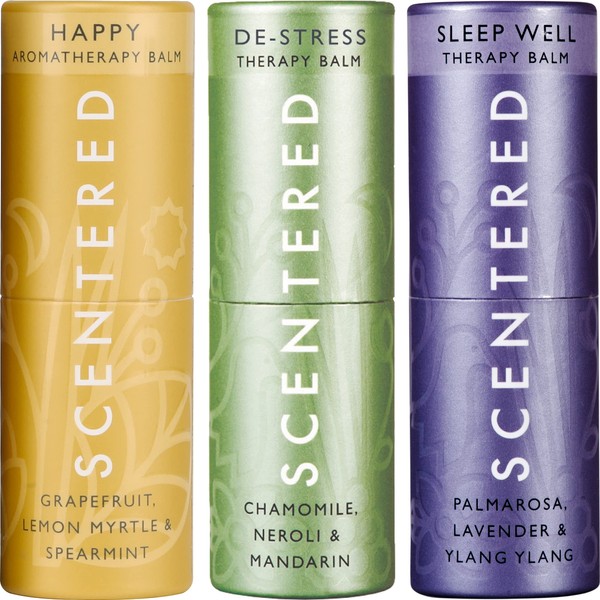 Scentered Aromatherapy Essential Oils Balm Gift Set - Positive & Relaxed - Pack of 3 Portable Balms: Happy, De-Stress, Sleep Well