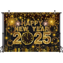 2025 Happy New Year Backdrop 8x6FT Black and Gold Fireworks New Years Eve Photography Background for NYE Decorations 2025 New Years Eve Party Supplies NYE Party Favor