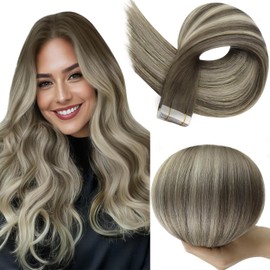 Full Shine Tape in Extensions Human Hair Color 7/1000/7 Ombre Balayage Tape in Hair Extensions 14 Inch Brown and Blonde Hair Extensions Remy Hair 50 Grams 20 Pieces