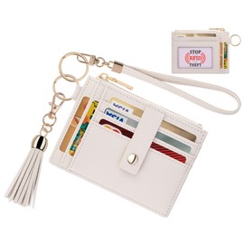 Women Slim RFID Card Case Holder Wristlet Zip ID Case Wallet Small Leather Wallet Coin Purse with Keychain (Z Beige)