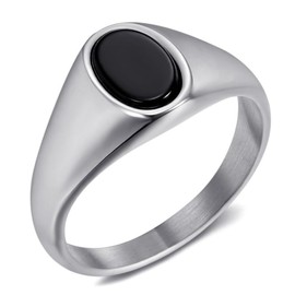 BOBIJOO JEWELRY - Chevalière Bague Cabochon Onyx Oval 9 x 6 mm Acier Stainless Steel Argenté, Stainless Steel