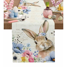 Easter Table Runner 13x72 Inches Long Floral Bunny Runner for Table Rabbit Spring Flower Table Runners Washable Cotton Linen Beige Dresser Scarf for Easter Kitchen Seasonal Holiday Party Decor
