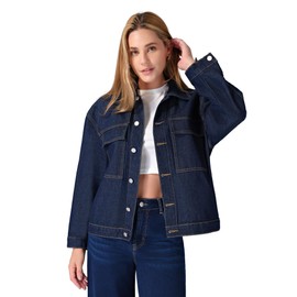 roswear Denim Jacket Coat for Women with Flap Chest Pockets Casual Oversized Jean Jackets Dark Blue Large
