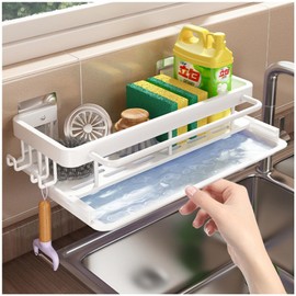 Axroad Mall Wall Mounted Kitchen Sink Caddy, No Drilling Sponge Holder for Sink Tidy, Washing Up Organiser with Removable Drip Tray and Hooks (White)