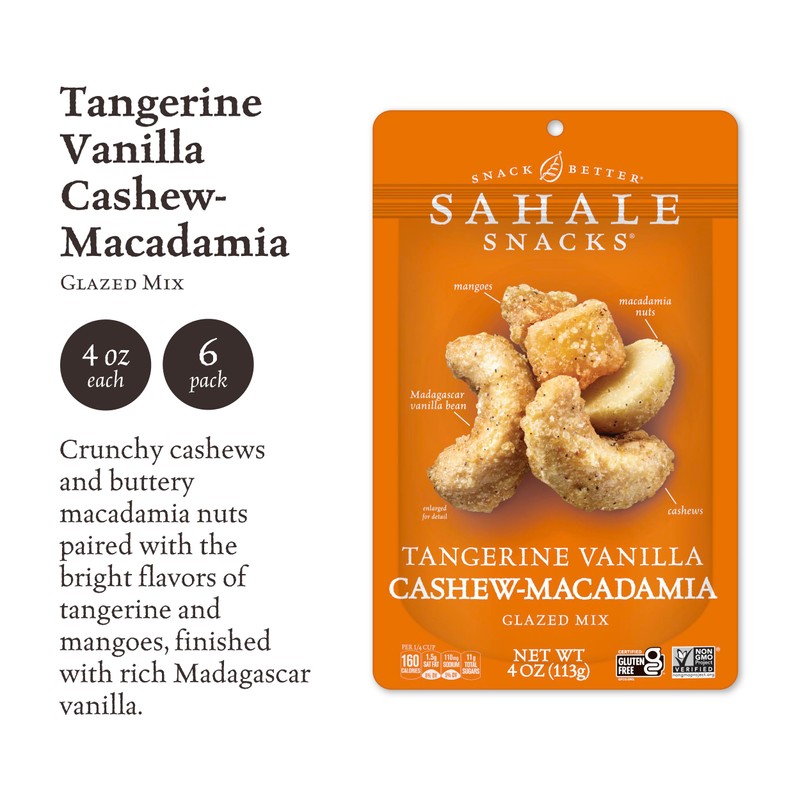 Sahale Snacks Tangerine Vanilla Cashew-Macadamia Glazed Mix, 4 oz Pouches