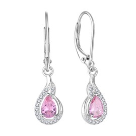 FATACI Women 925 Sterling Silver Teardrop Dangle Drop Leverback Earrings with 5A Cubic Zirconia October Rose Zircon Birthstone for Her Mom Mother Wife Daughter Jewelry Gifts