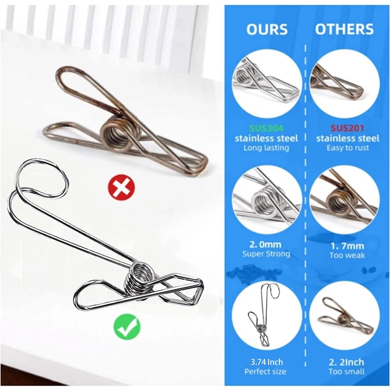 304 Stainless Steel Metal Long Tail Clip with Hooks Clothes