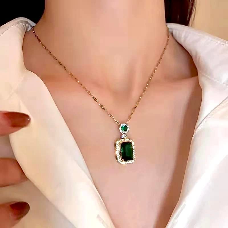 Gold Plated Emerald Necklace Green Gemstone Earrings Necklaces Set Stainless