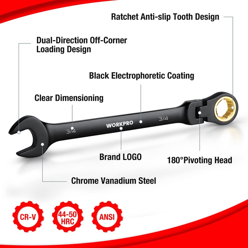 WORKPRO Ratcheting Combination Wrench Set, 8-piece Flex-Head Anti-Slip Set SAE