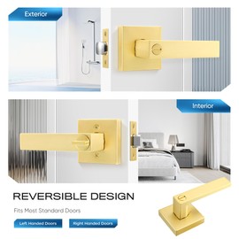 Leydebong 4 Pack Gold Door Handles, Bed and Bath Leverset Lockset Privacy Door Levers with Lock, Satin Brass Finish, Universal Handing with Modern Square Door Knobs
