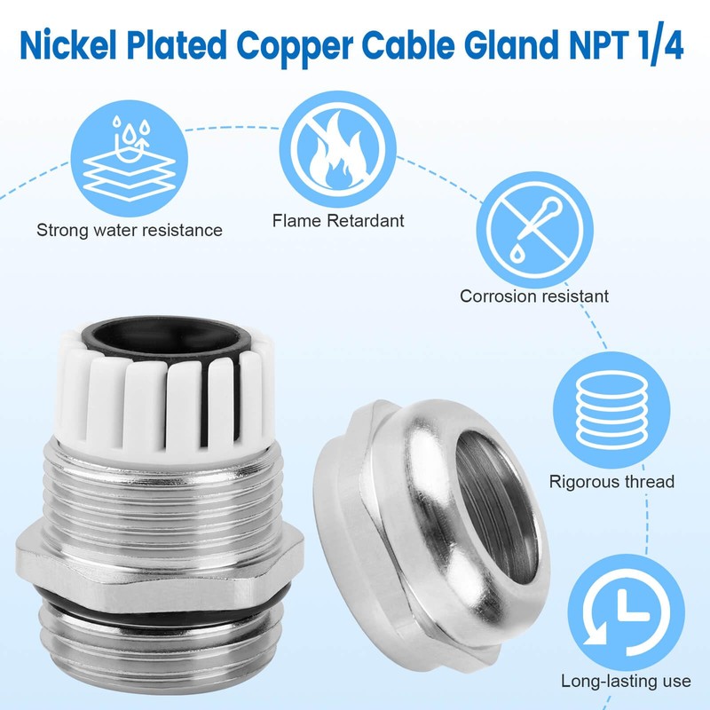 4 Pcs 1/4" NPT Nickel-Plated Copper Waterproof Cable Gland, IP68