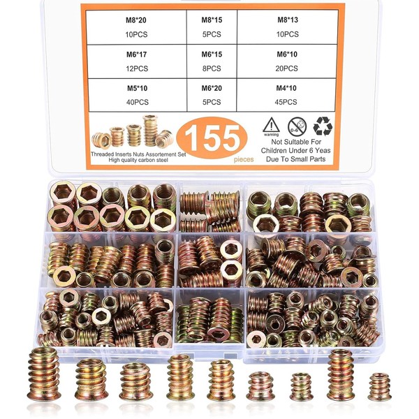 Screw Nuts, 155 Pieces Threaded Insert Wood M4 M5 M6