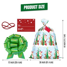 InstaBows Giant Gift Bag 36” X 44” with 12” Green Bow - Colorful Santa Jumbo Gift Bag Set– Oversized Christmas Wrapping for Large, Odd-Shaped, or Multiple Presents (Colorful Santa)
