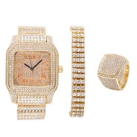 Bling-ed Out Biggie Sq. Iced Gold Hip Hop Watch with 3 Row Bling-ed Out Tennis Bracelet and Bling-ed Out Size 12 Ring - You will hypnotize in a Flashy Way (12, Gold with 3 Row Bracelet)