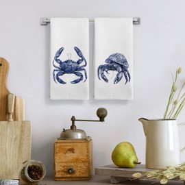 Qeheb Coastal Beach Kitchen Towels Set of 2, Navy Blue Crab Decorative Dish Tea Towels, Nautical Beach Hand Towels for Bathroom, Coastal Kitchen Bathroom Decor, 16X24In
