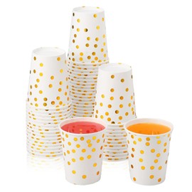 Pack of 50 Paper Cups, Gold Dot 250 ml Party Cups, Disposable Cups Biodegradable for Party Supplies Wedding Party Coffee Tea Hot and Cold Drinks