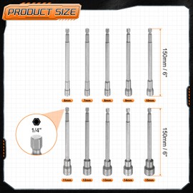 sourcing map 10pcs Nut Driver Drill Bit 6-15mm Metric Impact Socket 1/4" Hex Shank 6" (150mm) Extra Long Magnetic 6-Point Sockets Quick-Change CR-V Steel Bolt Setter for Power Drill Drivers