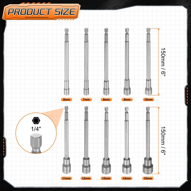 sourcing map 10pcs Nut Driver Drill Bit 6-15mm Metric Impact