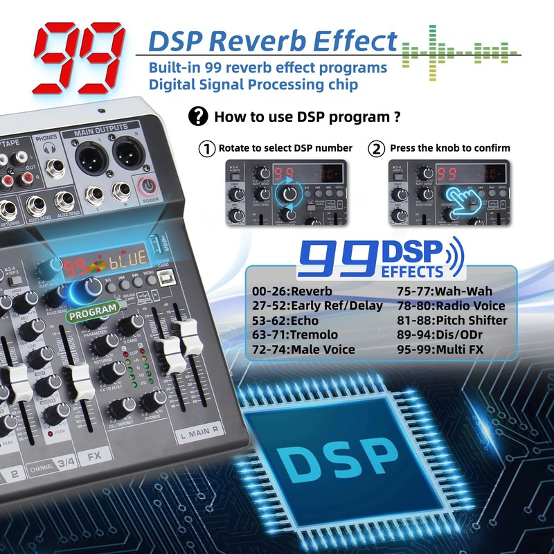 Professional Audio Mixer with DSP Effects, 48V Phantom Power, 99