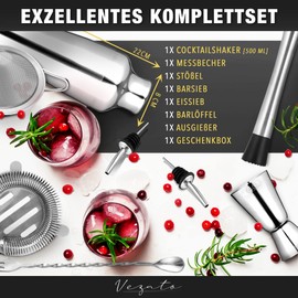 Vezato Cocktail Shaker Set Made of Stainless Steel 750 ml - High-Quality Bartender Set - Dishwasher Safe & Rustproof Cocktail Accessories - Ideal Cocktail Set Gift