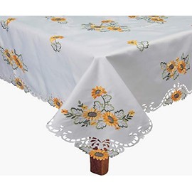 Creative Linens Sunflower Tablecloth Embroidered Cutwork Fall Harvest Thanksgiving Table Cloth 68" Square with 8 Napkins White