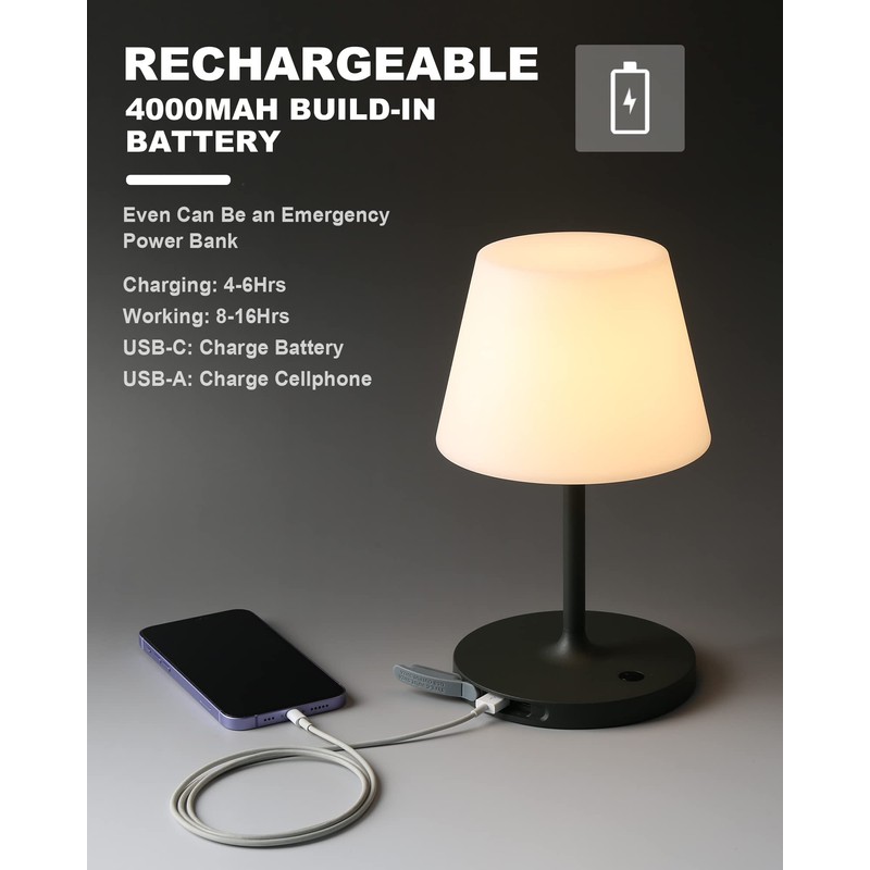 WEILAILUX Outdoor Battery Operated Table Lamp Waterproof, 4000mAh Cordless Table