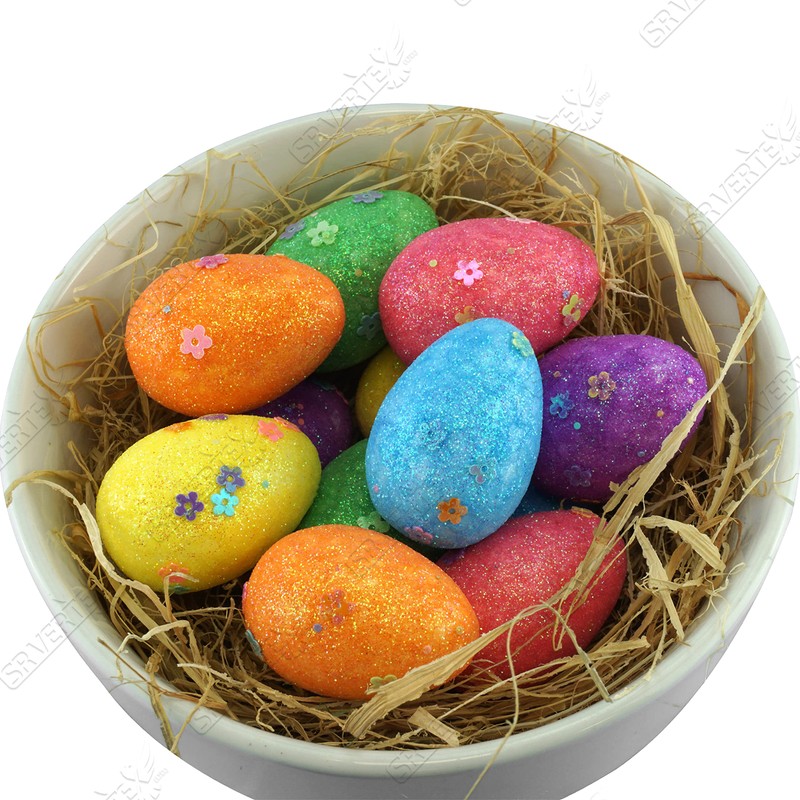 Easter Decorations 12 Colour Glitter Eggs & Straw Bonnet Parade