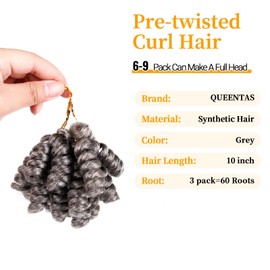 QUEENTAS 10 inch 3 Pack Grey Crochet Hair for Black Women Jamaican Bounce Curly Crochet Hair Extensions Gray Synthetic Afro Passion Twist Jerry Curl (12mm) Braiding(Natural Black Mixed Grey)