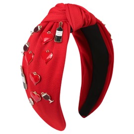 Gmmidea Valentine’s Day Headband for Women Champagne Wine Glasses Heart Charms Knotted Headband Embellished Wide Top Knot Statement Headband Fashion Valentine’s Day Outfits Accessories