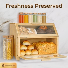 Golden Nature Double Layer Bamboo Bread Box for Kitchen Countertop, Large Wooden Storage Box W/Clear Display Windows, Food Keeper for Muffins, Bagels & Cookies