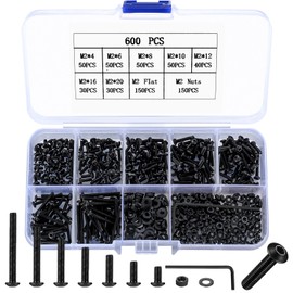 M2 Screws Set, 600 Pieces Rounded Head Allen Screws Nuts Set with Washers Set, Black Round Head Screws and Nuts Assortment Kit, Machine Screws Thread Screws Set