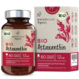 Organic Astaxanthin 12 mg I Vegan I 60 Capsules in Glass I Natural Antioxidant from Haematococcus Pluvialis Microalgae I Optimised Bioavailability with Olive Oil I Depot Capsules I High Dose without