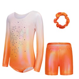 Sanshaion Gymnastics Leotards Set For Girls - with Shorts and Headband Gradient Color Sparkling Ballet Dancing Unitards Gymnastics Outfit for 5-12 Years (ORANGE-LONG, Tag 6A(5-6 Years))