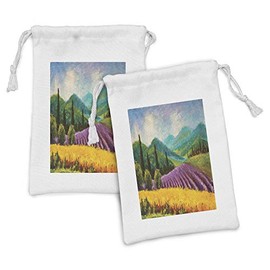 Lunarable Oil Painting Fabric Pouch Set of 2, Italian Summer Interpretation Lavender Purple Field Tuscany Yellow Tones Rye, Small Drawstring Bag for Toiletries Masks and Favors, 9" x 6", Multicolor