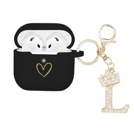 AIIEKZ Compatible With AirPods 4 Cover 2024, Soft Silicone Case With Gold Heart Pattern for 4th Generation, Rhinestone Studded Letter A-Z Keychain (L Black)