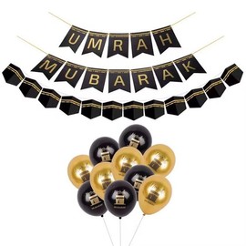 Umrah Decorations Set, Reusable Banner, Balloons, Black and Gold