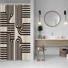 Leowefowa Mid Century Shower Curtain Abstract Line Striped Geometric Beige Shower Curtain for Bathroom Black Minimalistic Simple Art Line Set Bathroom Decor Fabric Waterproof with Hooks 36x72 inch