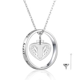 ACJFA 925 Sterling Silver Angel Wings Cremation Jewelry Keepsake Heart Urn Pendant Necklace for Ashes - No longer by My Side but Forever in My Heart