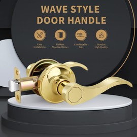 Gaurqiah Wave Style Passage Door Handle Without Keys, Non-Locking Door Lever for Hallway/Closet in Polished Brass Finish, No Lock Reversible Lever for Left/Right Doors