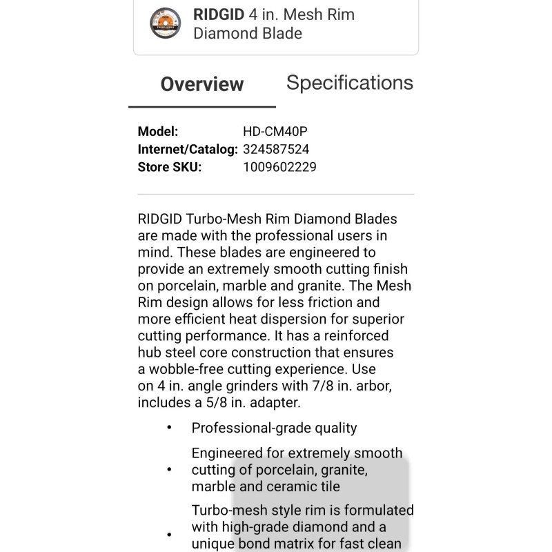 Ridgid Mesh-X 4" Diamond Mesh Blade For Porcelain, Ceramic, Marble,