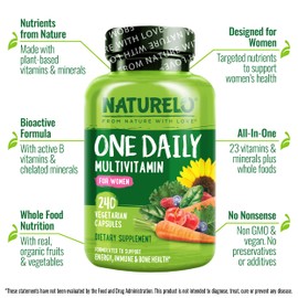 NATURELO One Daily Multivitamin for Women w/Vitamin B12, 240 Ct, Energy Support, Whole Food Daily Women Multivitamin Supplement, Nourish Hair/Skin/Nail, Non-GMO, No Soy, Gluten Free, 8 Month Supply