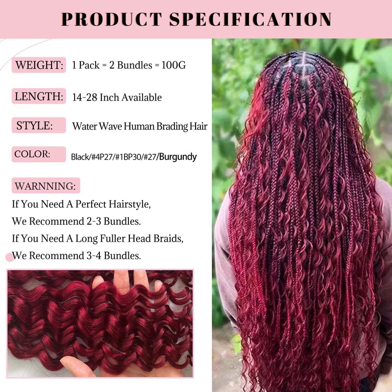 Belaved Human Braiding Hair Burgundy Red for Boho Braids Water